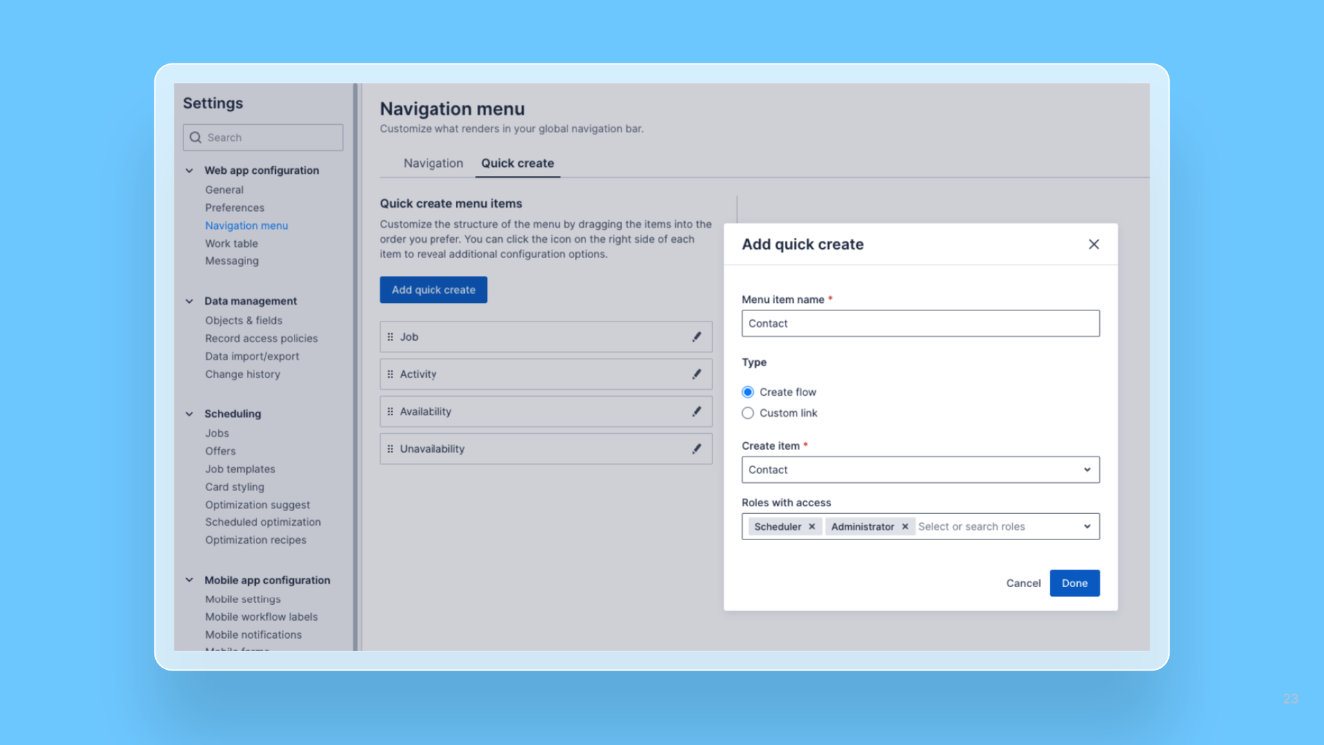 Customizable quick create menu (Beta) release note