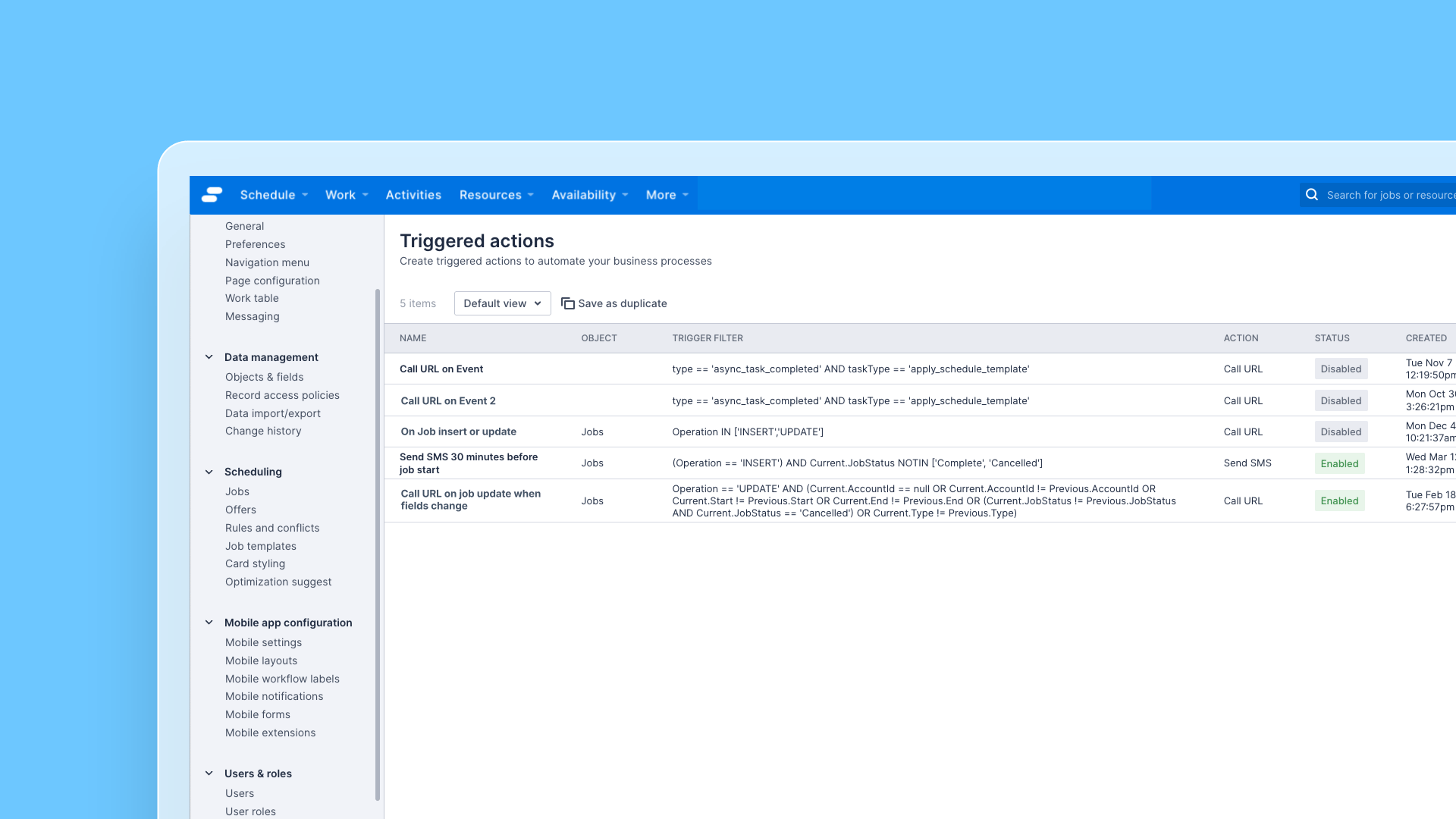 View triggered actions in web app settings release note