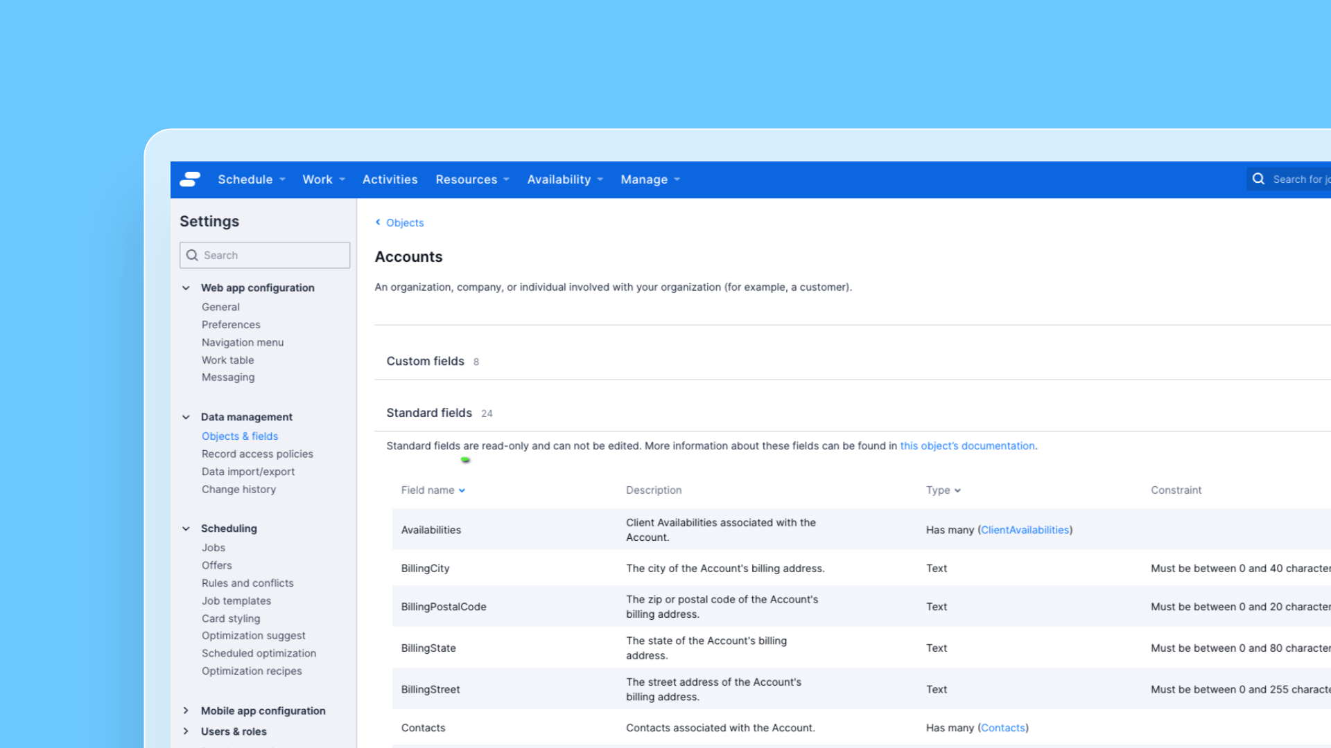 Listing standard data model fields in Web App UI release note