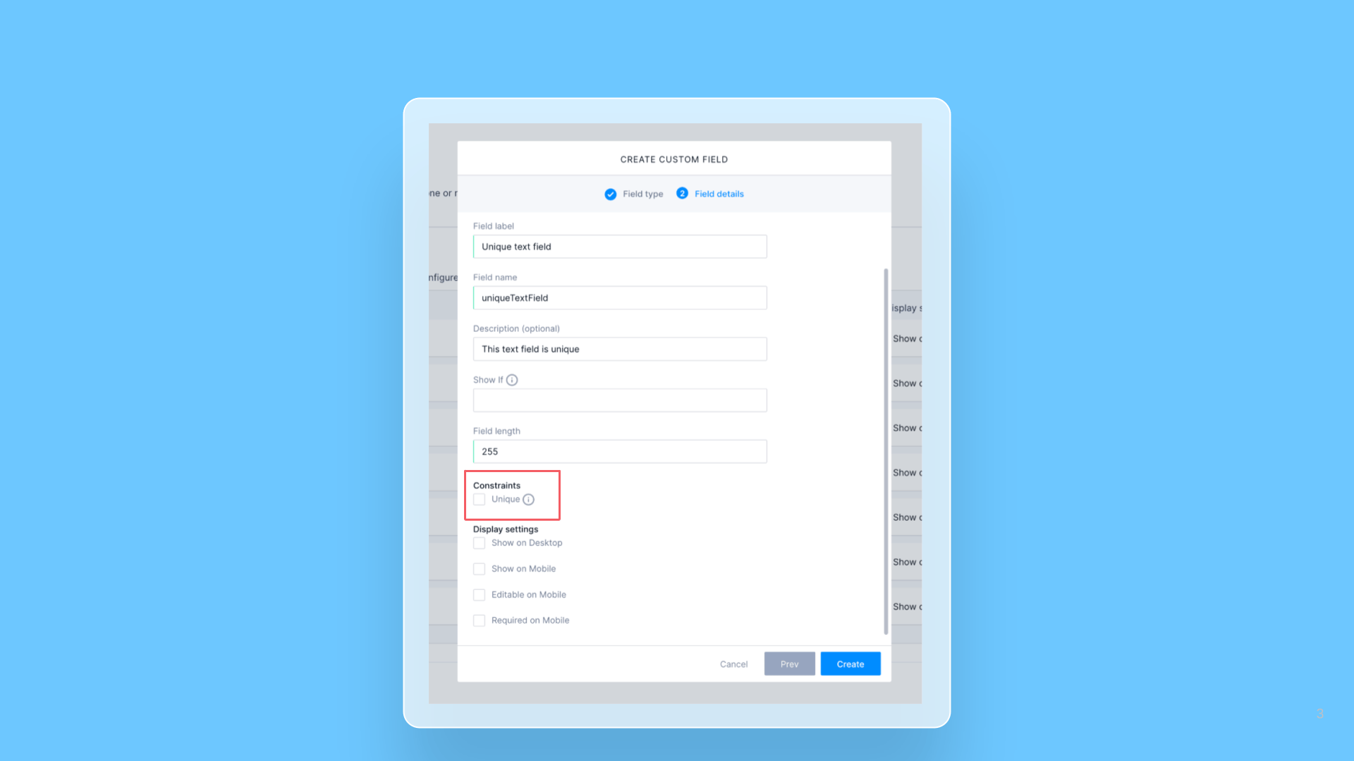 Create custom fields with unique constraints in the web app release note