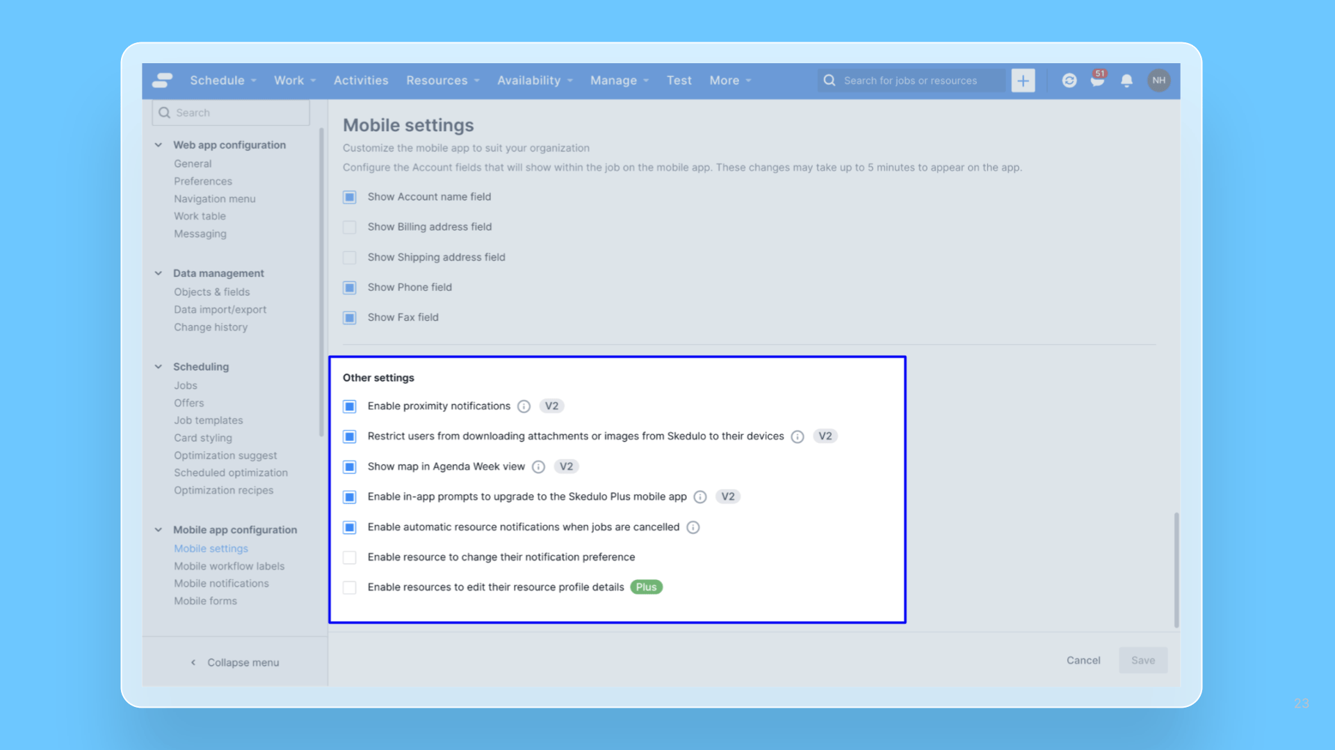 New indicators for Skedulo Plus mobile settings in the web app release note